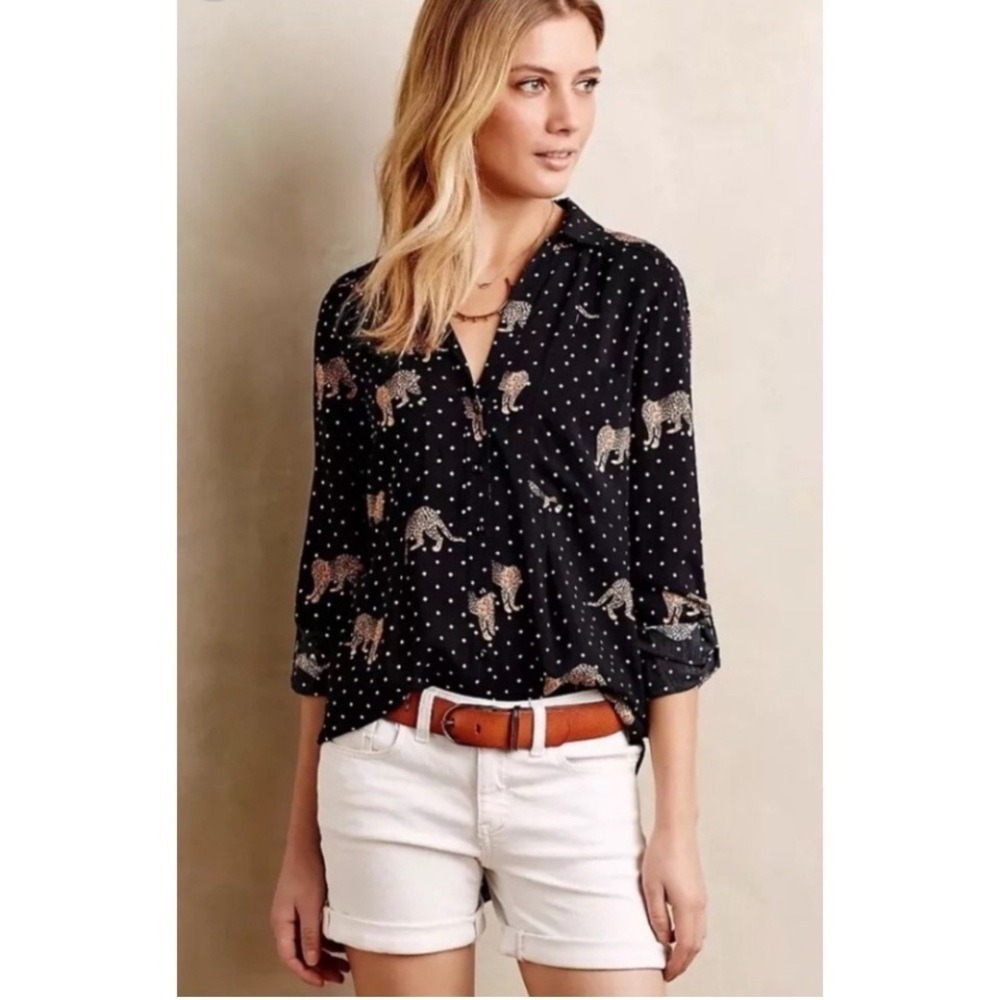 Maeve Anthropologie Leopard Polka Dot Button Down Blouse Black Tan 4